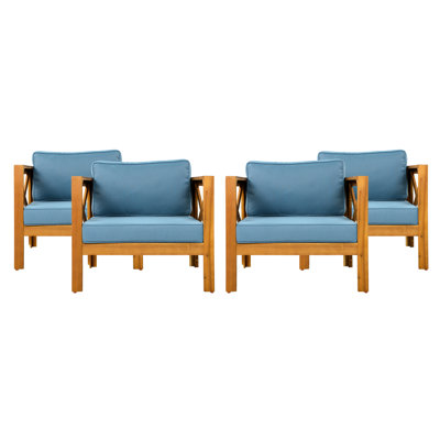 Fauteuil club d'extérieur 4 pièces avec coussins bleus, bois, finition, convenant aux rassemblements de patio et de jardin en bois
