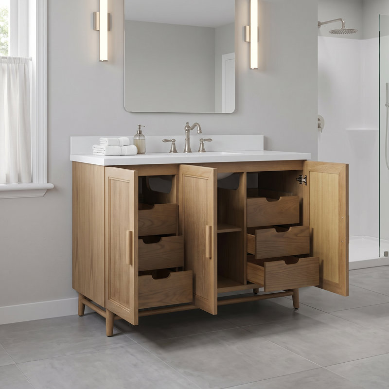 Ensemble de meuble-lavabo autoportant en bois massif de 48 po avec plateau, café clair, assemblé