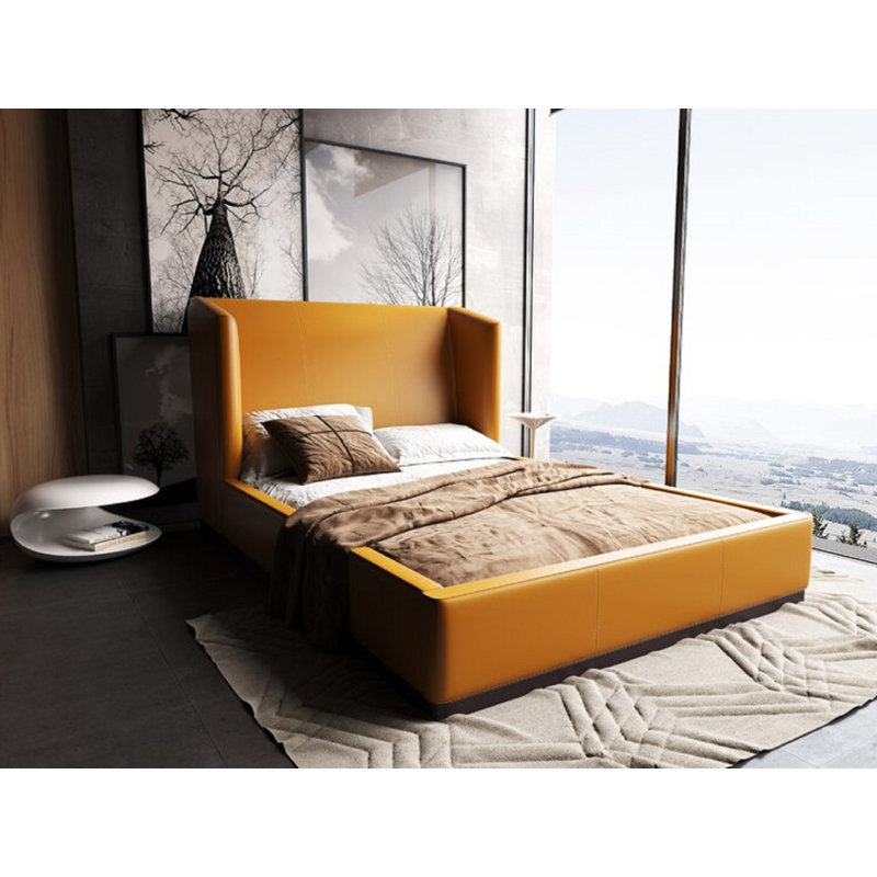 Lenyx Vegan Leather Upholstered Low Profile Platform Bed, Full, Saddle