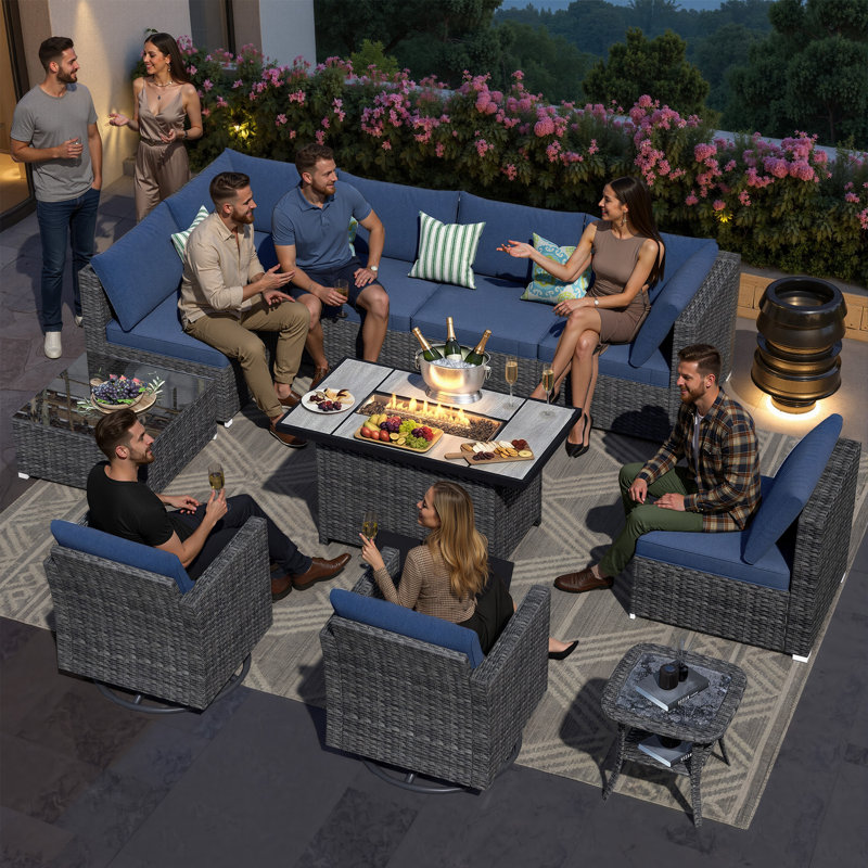 8 - Person Outdoor Patio Gray Wicker L-Shaped Sectional Sofa Set with Swivel Chairs & 2 Side Table,  Cushioned Rattan Conversation Furniture for Garden/Backyard