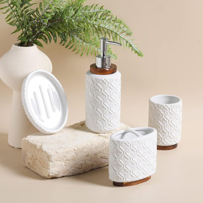 Ceramic And Wood Bathroom Accessory Set