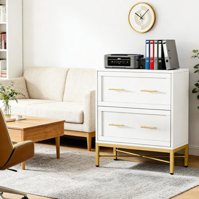 Classeur de bureau avec deux tiroirs, finition blanche épurée, poignées en métal doré, rails réglables pour dossiers format lettre A4, système de verrouillage, panneau de particules et armoire latérale en acier 2, élégant