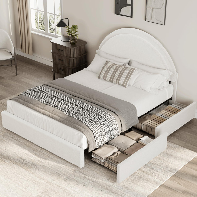 Base de lit tapissier avec 2 tiroirs de rangement Modern - Boucle Modern, Blanc, Lit double