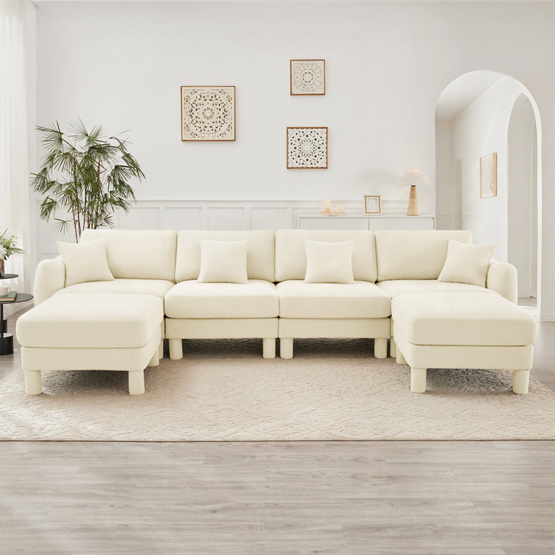 Canapé 4 places avec 2 repose-pieds Boucle, H 35 po x l 141 po x P 67,3 po, Beige