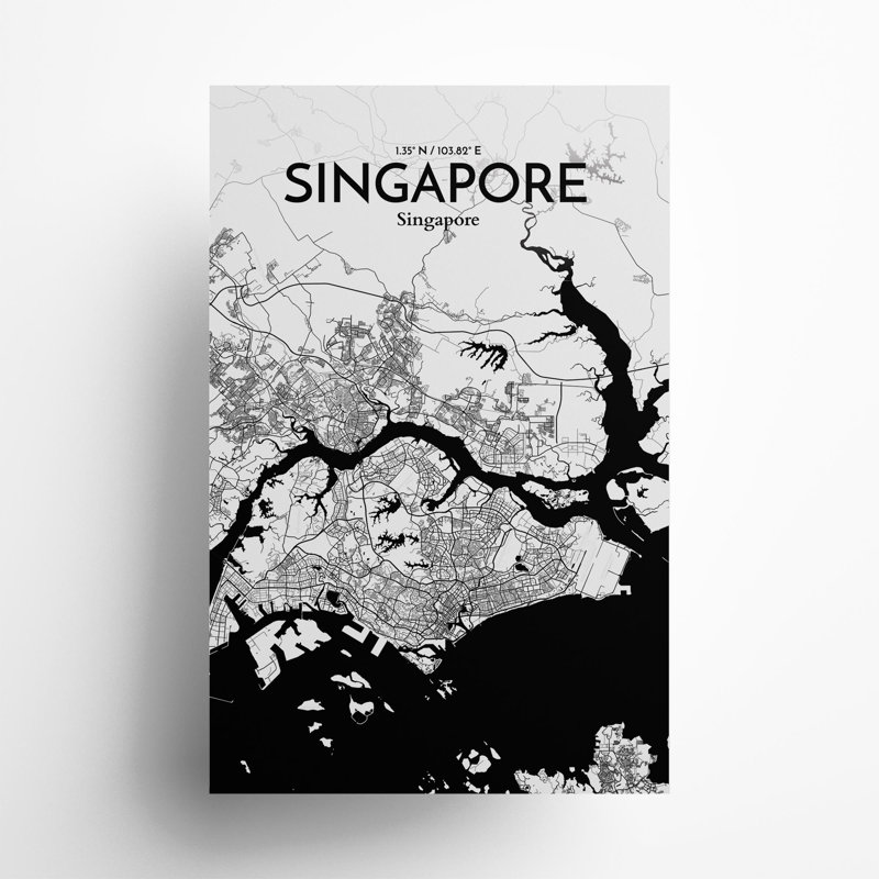Singapore City Map In Ink - No Frame Print, 17cm H x 11cm W x 0.05cm D