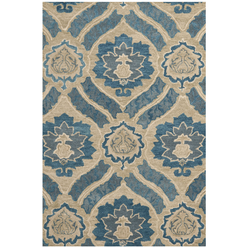 Amory Hand Tufted Wool/Cotton Floral Rug in Blue/Ivory, Rectangle 2'6" x 4'