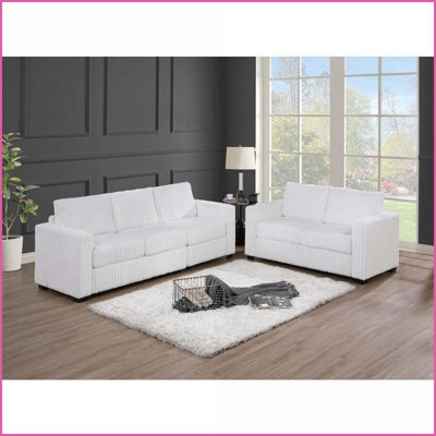 Ensemble de canapé 2 pièces en velours côtelé blanc laiteux - canapé 3 places + causeuse 2 places, mobilier de salon contemporain | Blanc laiteux | Velours côtelé | Dossier rembourré