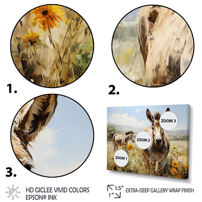 Donkey Flower Meadow Landscape I - Donkey, art mural, H 16 po x l 32 po x P 1 po, Cadre flottant doré