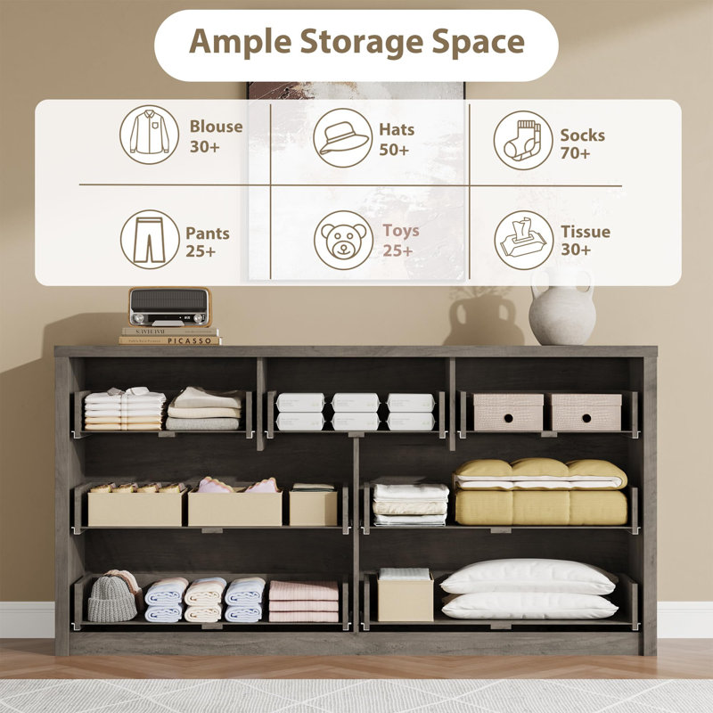7-Drawer Wide Dresser, Modern Wood Chest of Drawers, Large Storage Organizer for Bedroom, Living Room, or Entryway, Gray