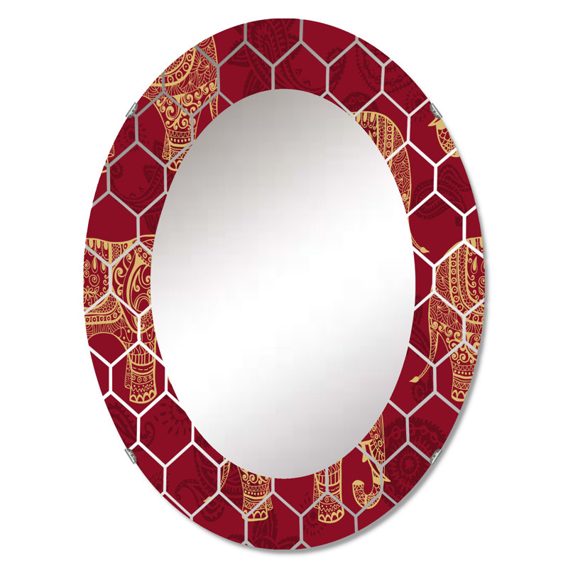 Éléphants indiens sur un miroir mural rouge - bohémien, 30 po x 20 po