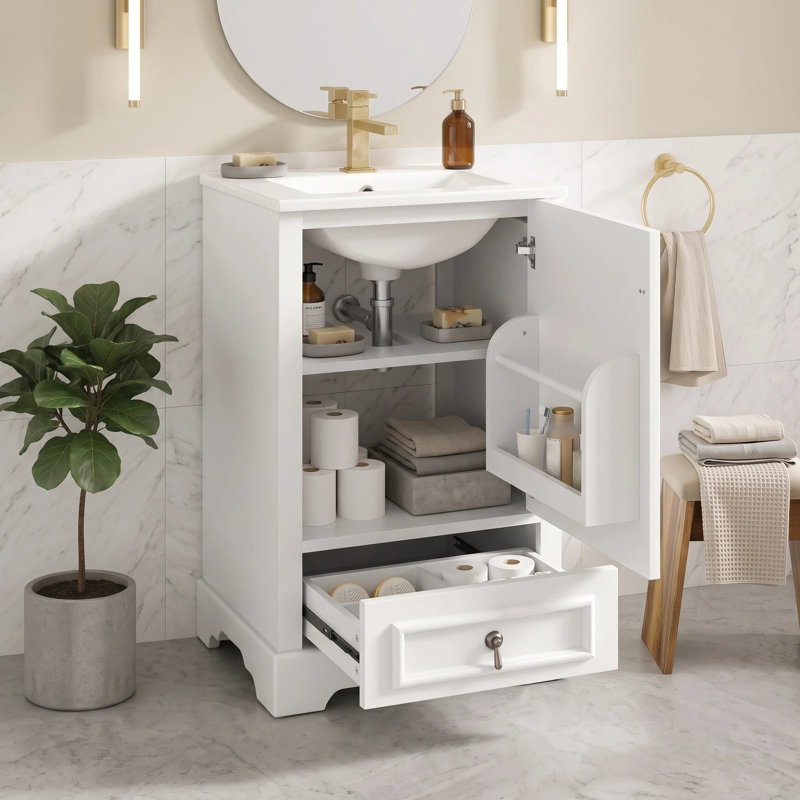 Meuble-lavabo compact compact autoportant en bois massif avec plateau en céramique blanche, Blanc