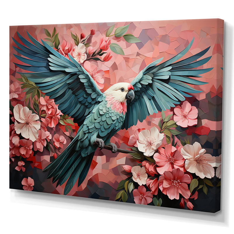 «Blue and Pink Parrot Paradise IV», art mural perroquet, Toile tendue, H 30 po x l 40 po x P 1,5 po