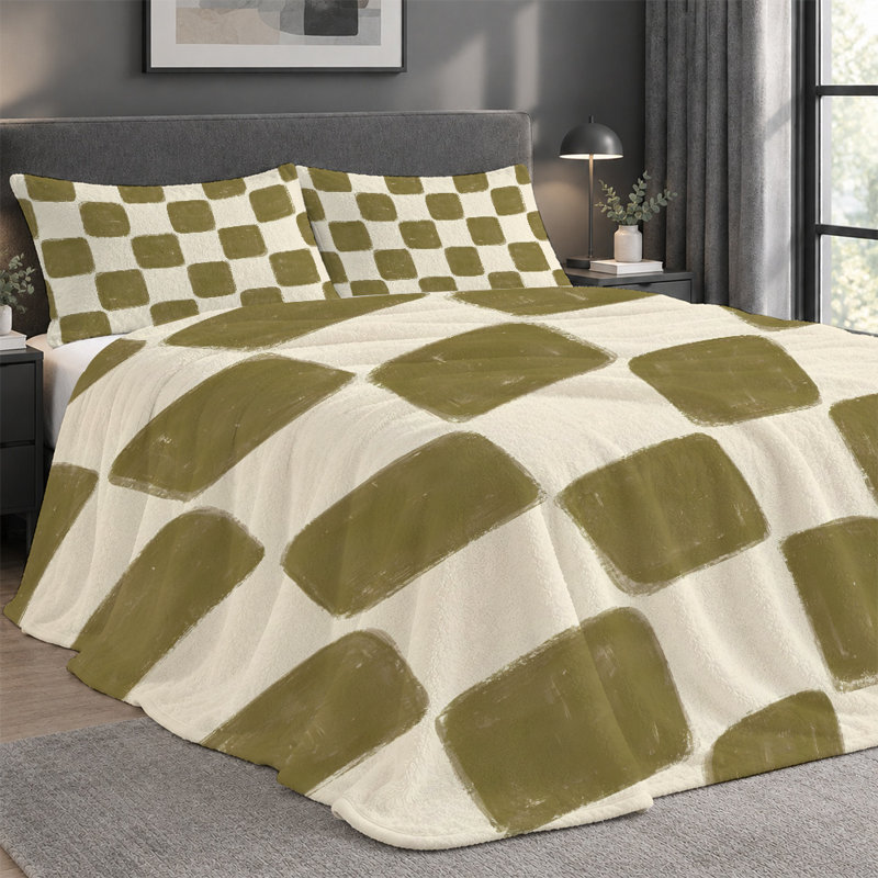 Premium Flannel Lightweight Blanket & 2 Pillow Shams Set with Olive Green & Cream Painted Checkerboard, Ultra-Soft & Warm Cozy Bedding Set for All-Season, 60" x 80" Blanket + 2 Pillowcases Anti-Pilling & Machine Washable(Set of 3)