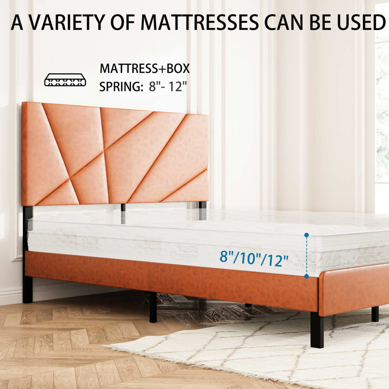 Full Size Metal Bed Frame, Vintage Brown, Under - Storage, Upholstered With Headboard, Square Platform, No Box Spring, Easy To Assemble, Modern Design Brown Platform Bed, Spring Loaded Mattress,