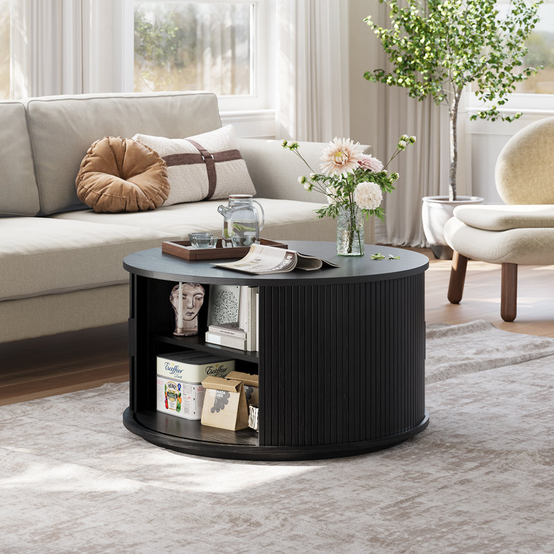 31.5" Modern Round Coffee Table With 360° Curved Sliding Door, Black