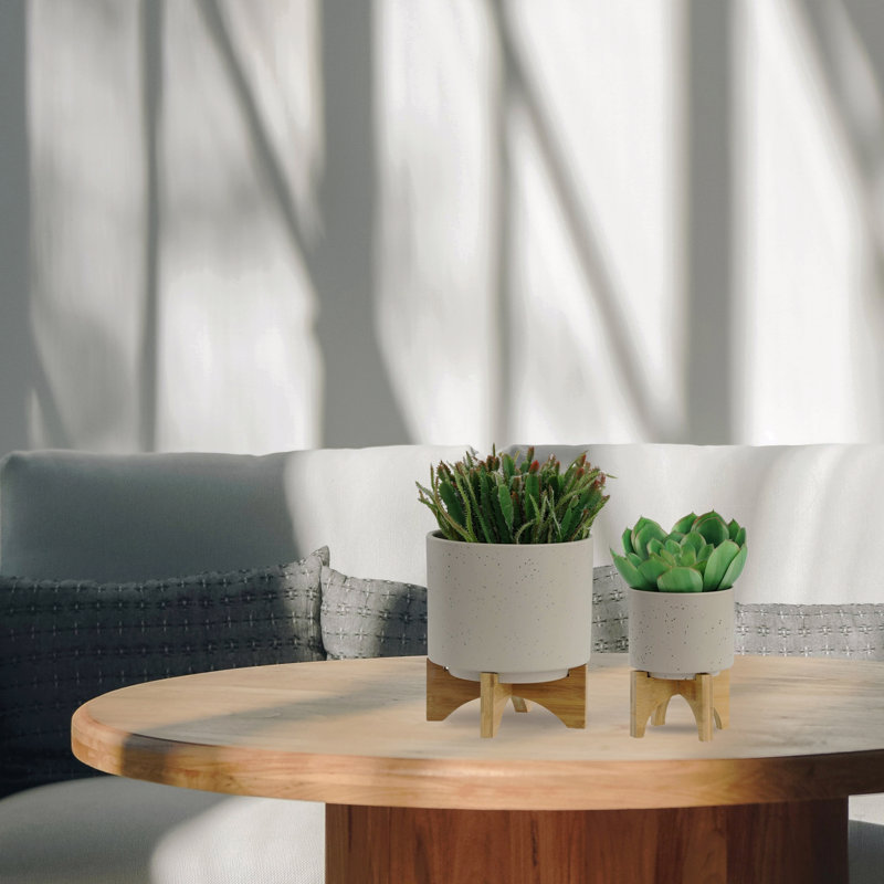 Pot à fleur moderne en céramique avec support en bois