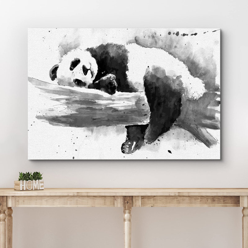Animaux, aquarelle, explosion, noir et blanc, panda endormi, H 24 po x l 36 po, Toile tendue