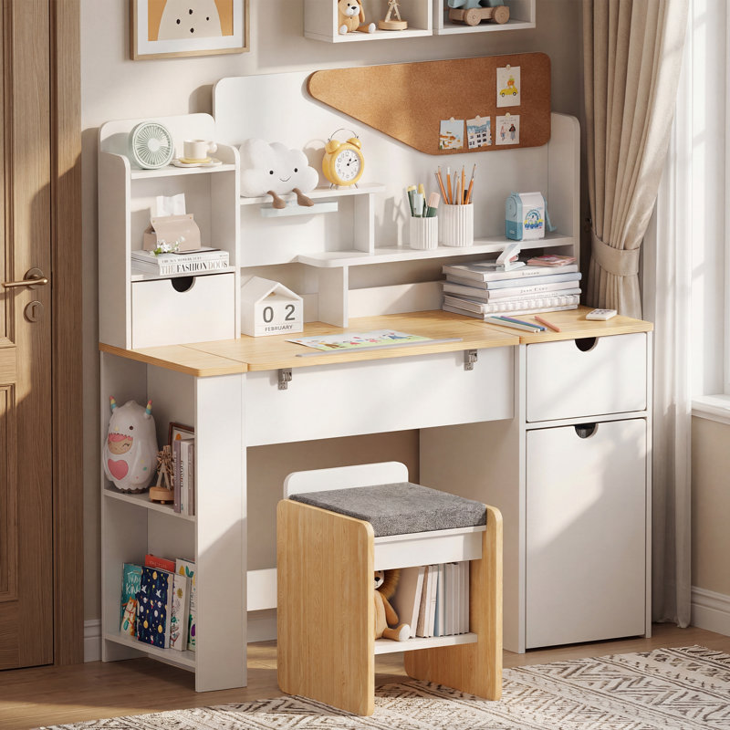 Desk and Chair Set, Wooden Study Table with Tiltable Desktop, Hutch, Drawer & Storage Cabinet, Multi-Functional Writing Desk for All Age