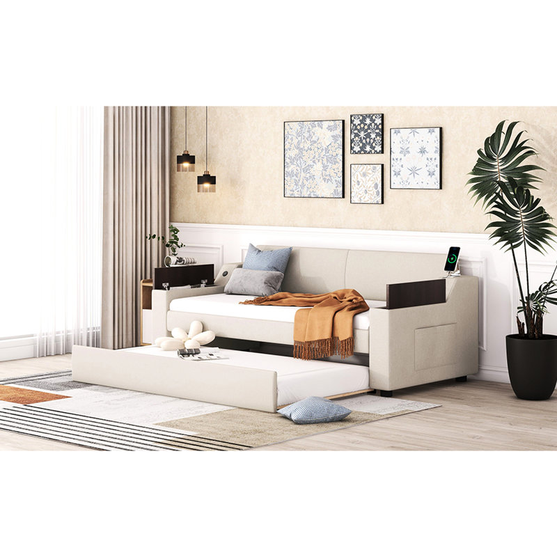 Lit de jour simple beige avec accoudoirs et rangement sans glissière, -