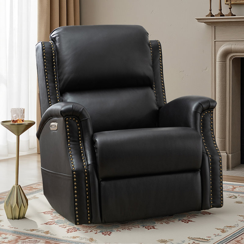 Fauteuil inclinable et oscillant pivotant traditionnel en cuir véritable Bouton, Noir
