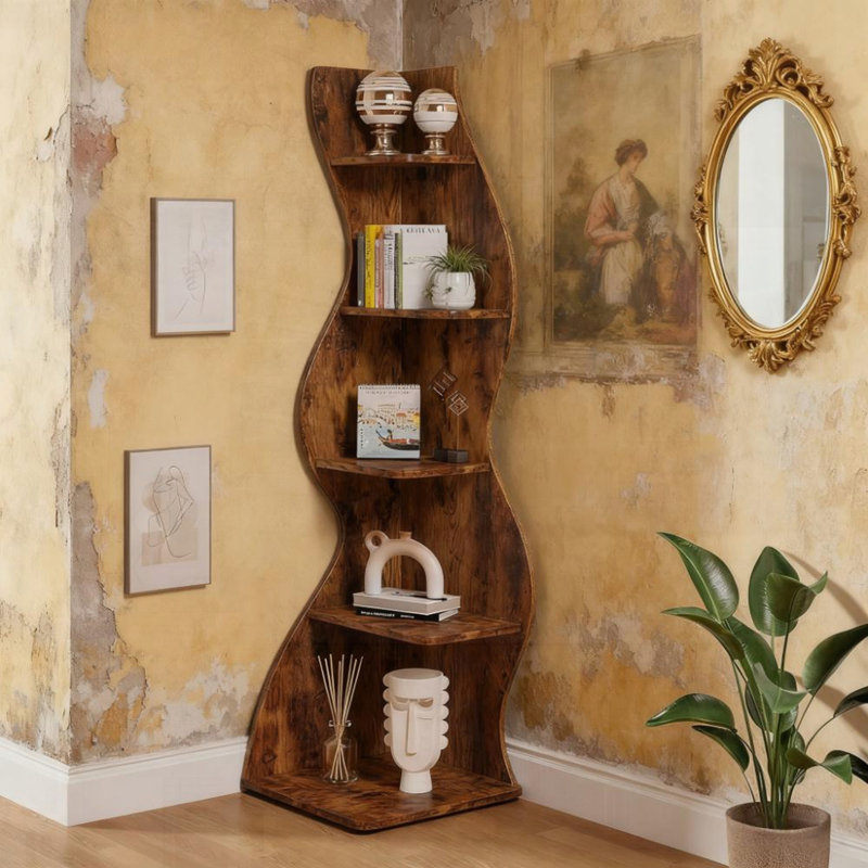 Bibliothèque d'angle à 5 niveaux avec tablettes réglables pour un rangement et une présentation efficaces, parfaite pour la maison et le bureau