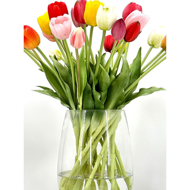 Tulipes artificielles Real Touch dans un vase en verre , Rouge/jaune/rose