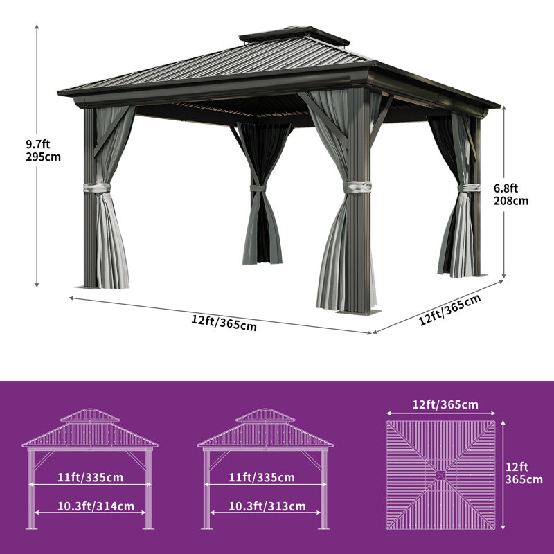 Outdoor Aluminum Hardtop Patio Gazebo with Curtain and Netting, 12 ft x 12 ft