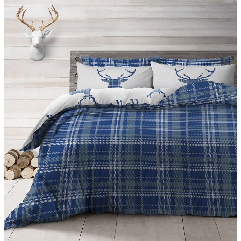 Rasheema Duvet Set, Navy, Single - 1 Standard Pillowcase, Classic Stag Check