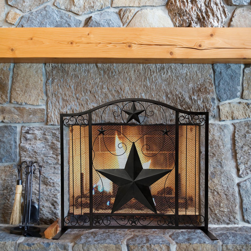 Metal Rustic Fireplace Screen Single Panel with Black Star Detail