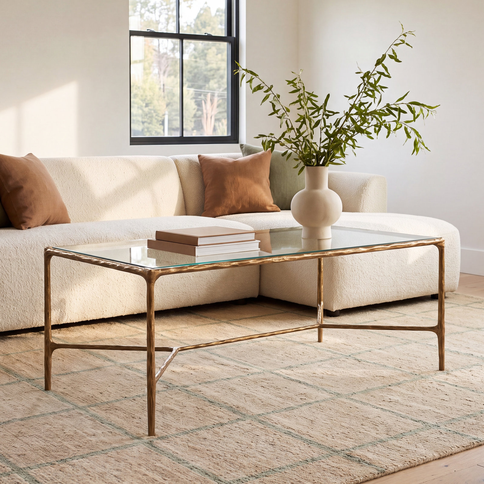 Evelynn 40" Glass Coffee Table, Brass, Clear