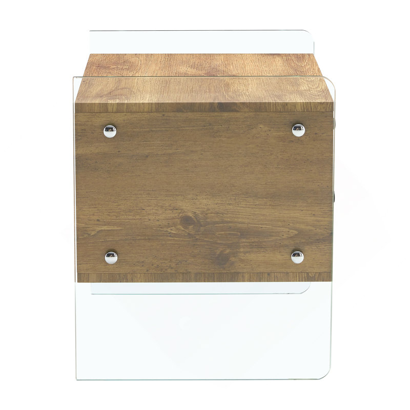 Table de chevet à double tiroir. La surface de la planche est avec un autocollant de grain de bois et les deux côtés sont en verre trempé. La conception est simple et élégante, avec d'excellentes fonctions de rangement