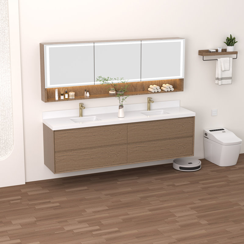 Meuble-lavabo double 84 po avec comptoir en quartz blanc et lavabos, 84