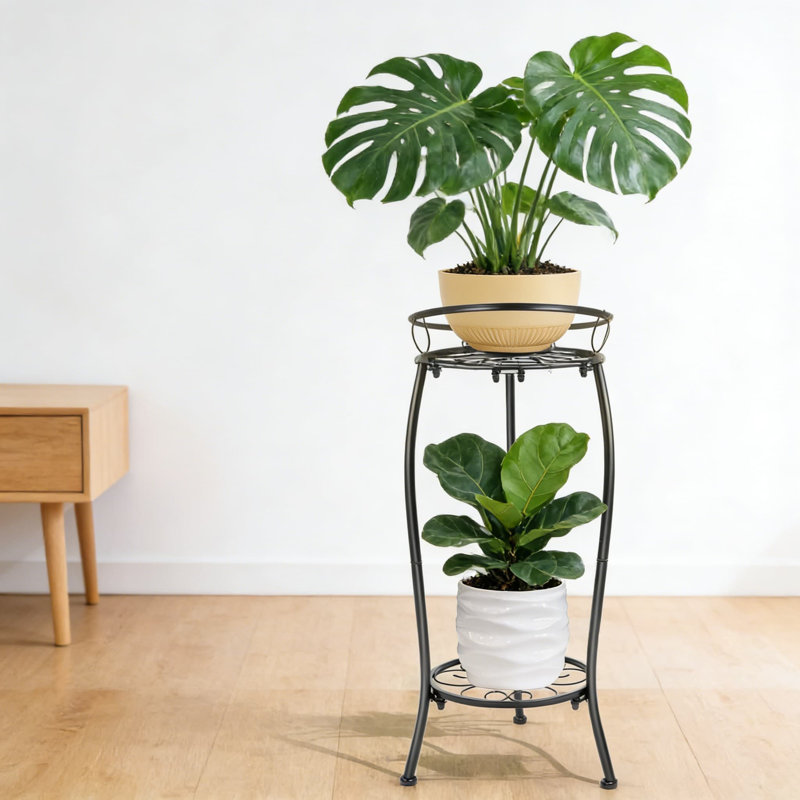 Support pour plante en métal à 2 niveaux pour une utilisation intérieure et extérieure, tablette en fer robuste avec finition résistante à la rouille, support à plantes en coin pour plantes multiples en pot