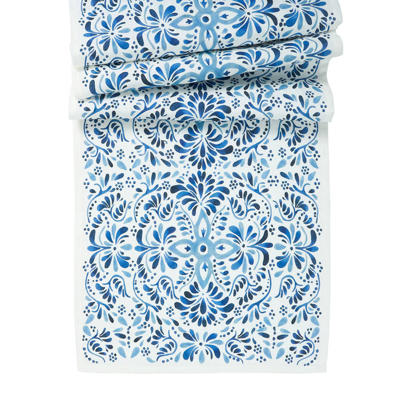 Indigo and White Cotton Linen Table Runner 18" x 90"