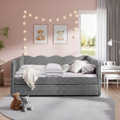 Cozy Gingham Daybed With Two Storage Drawers, USB Port, And Adorable Wave Shaped Linen Fabric