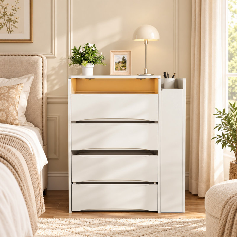 Coiffeuse 3 en 1 avec plateau rabattable, éclairage DEL, rangement et tabouret pour chambre à coucher, White