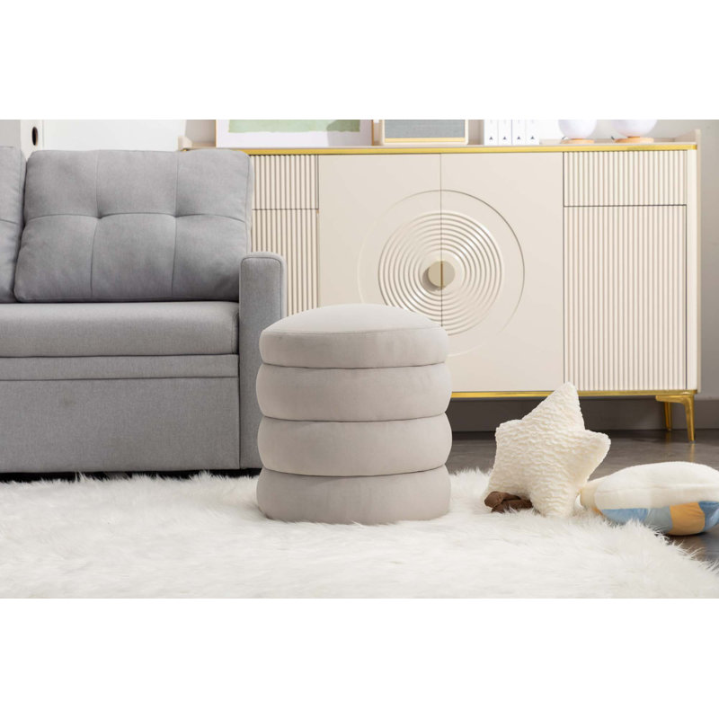 Hasset Round Footstool Ottoman, Soft  Round Ottoman, Footrest Stool, Light Gray Velvet