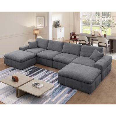 Upholstered Chenille Modular U-sectional Sofa Double Chaise, Two Oversized Ottomans