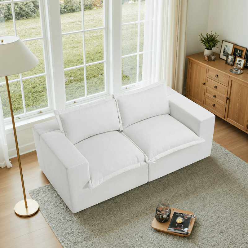 Canapé modulaire rembourré 2 pièces en chenille beige avec dossier à coussin 2 pièces - entièrement comprimé, aucun assemblage requis