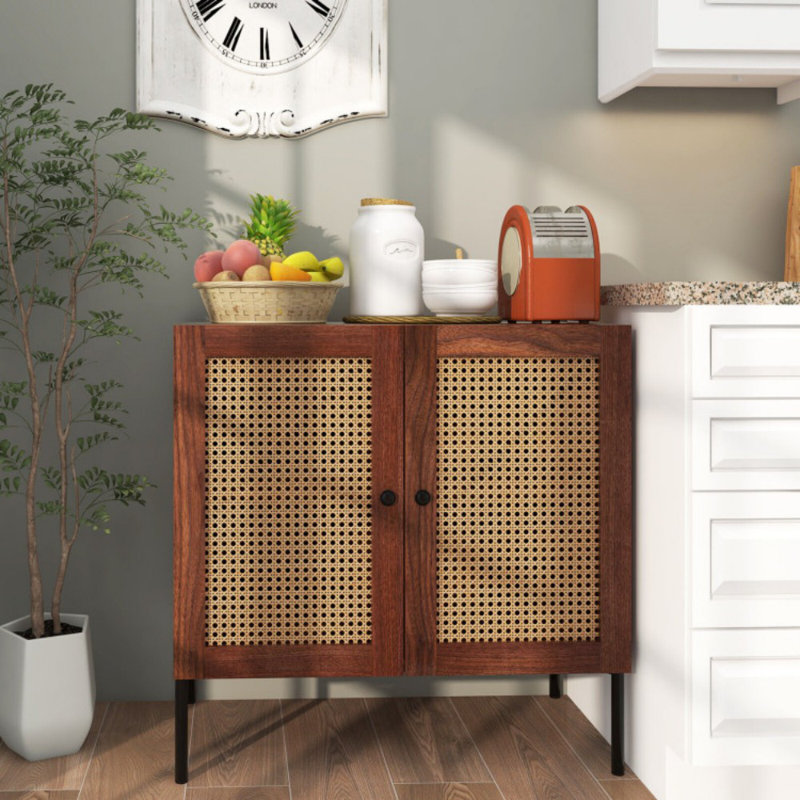 Buffet de cuisine avec 2 portes en rotin et tablette réglable, Noir/naturel