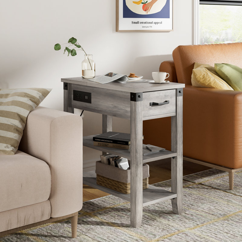 3 Tier End Table with Charging Station, Narrow Wooden Side Table with Drawer, Open Shelves, Power Outlets and Usb Ports, Small Farmhouse Sofa Side Table for Living Room