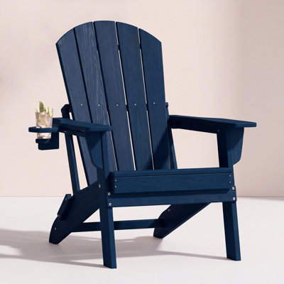 Folding Adirondack Chair, Wood Texture, Cup Holder, All-Weather HDPE for Poolside/Lawn, Navy