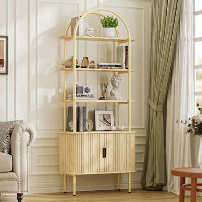 Bibliothèque cannelée de 71 pouces de hauteur avec portes coulissantes en forme de tambour, armoire de rangement incurvée moderne en métal de style Mid-Century avec rangement, étagère de rangement ouverte à 4 niveaux pour le bureau personnel et le salon