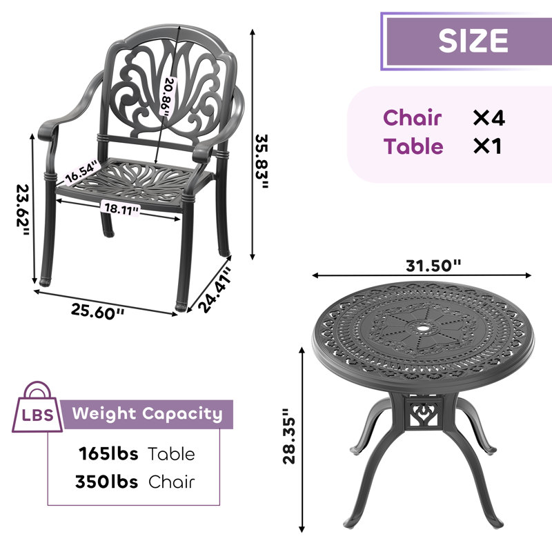 Ensemble de salle à manger de table ronde en fonte d'aluminium 31,5 pouces avec trou pour parasol et coussins bruns, 4
