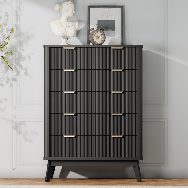 Fluted 5 Drawers Dresser, 43''h 5 Drawers Black