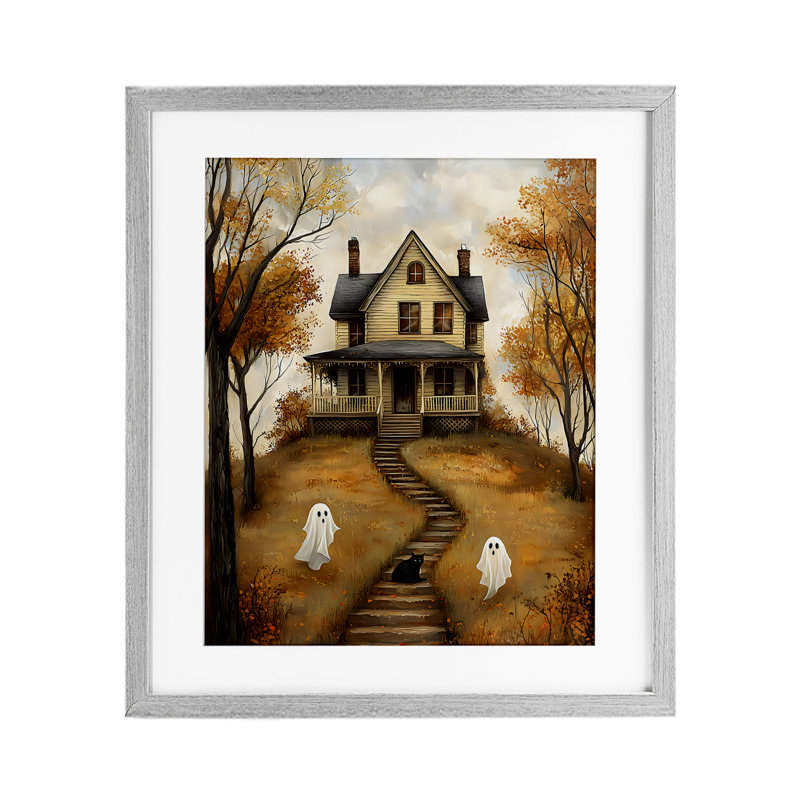 Cozy Halloween House, reproduction encadrée sous verre, design by Creative Studio, Cadre de ferme gris, 16" H x 13" W