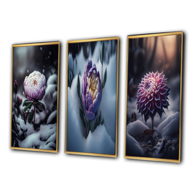 «A Blooming Puple Peony Flower in Winter», ensemble de 3 impressions