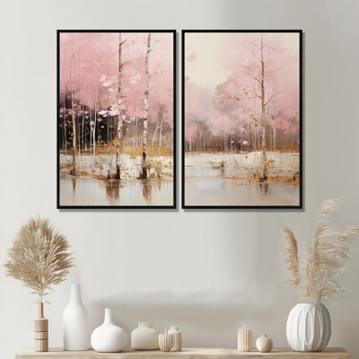 Minimalisme rose et forêt dorée I - art mural traditionnel beige 2 panneaux