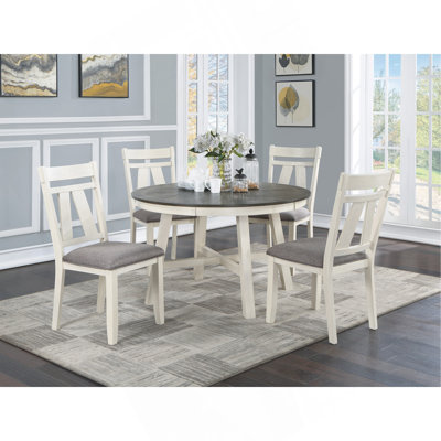 Dining Room Furniture 5Pc Dining Set Round Table And 4X Side Chairs Grey Fabric Cushion Seat White Clean Lines Wooden Table Top