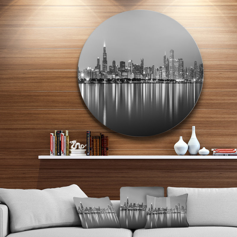 «Chicago Skyline at Night Black and White» - reproduction de photo, Métal métal, H 36 po x l 36 po